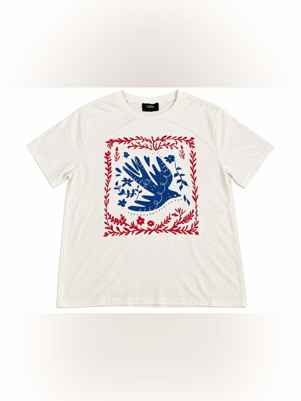 CIDER L Cream Folk Art Bird Graphic T-Shirt Red Blue Floral Boho Whimsical